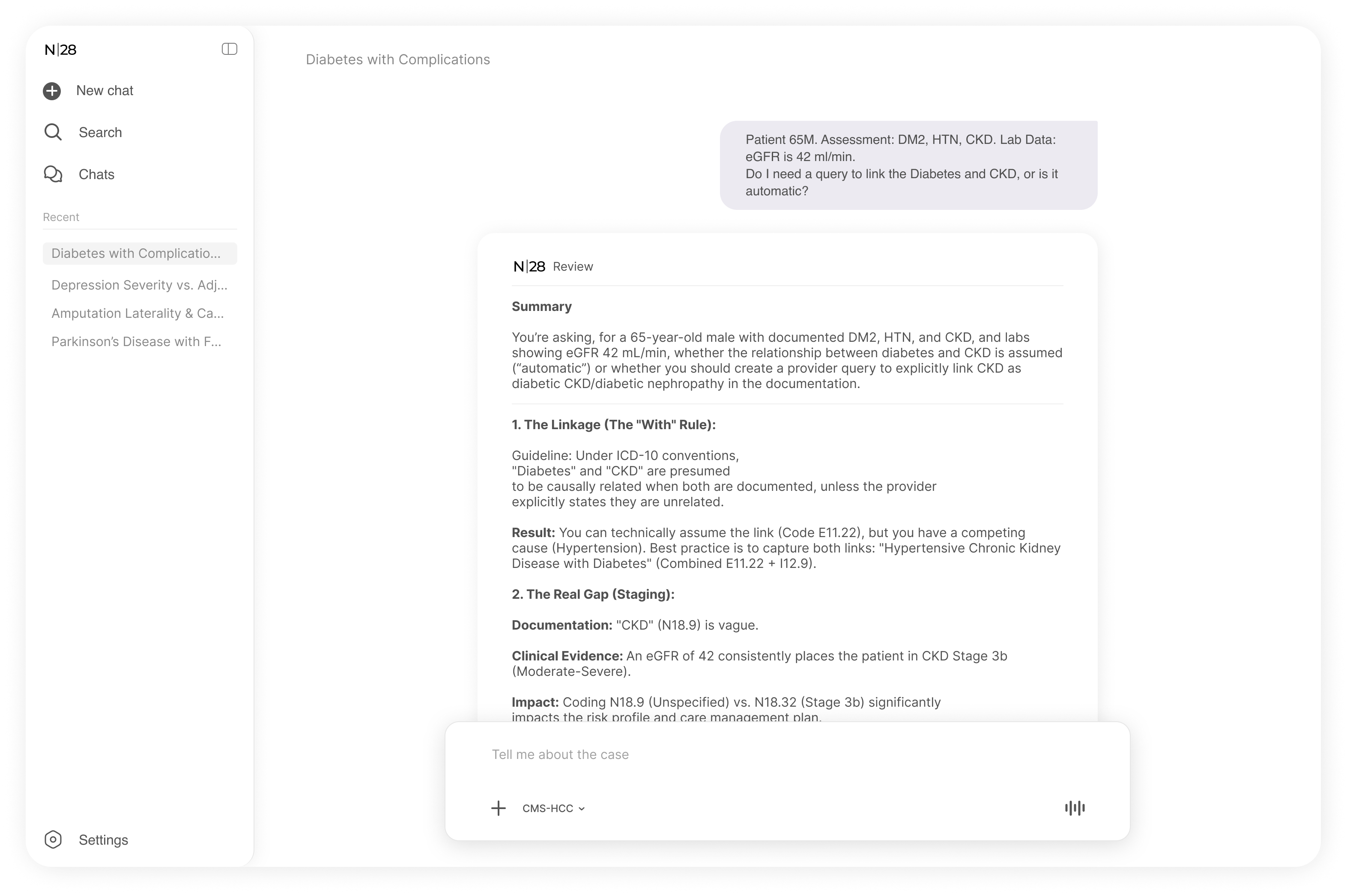 N28 Pocket Auditor reviewing a clinical case with evidence-based coding analysis